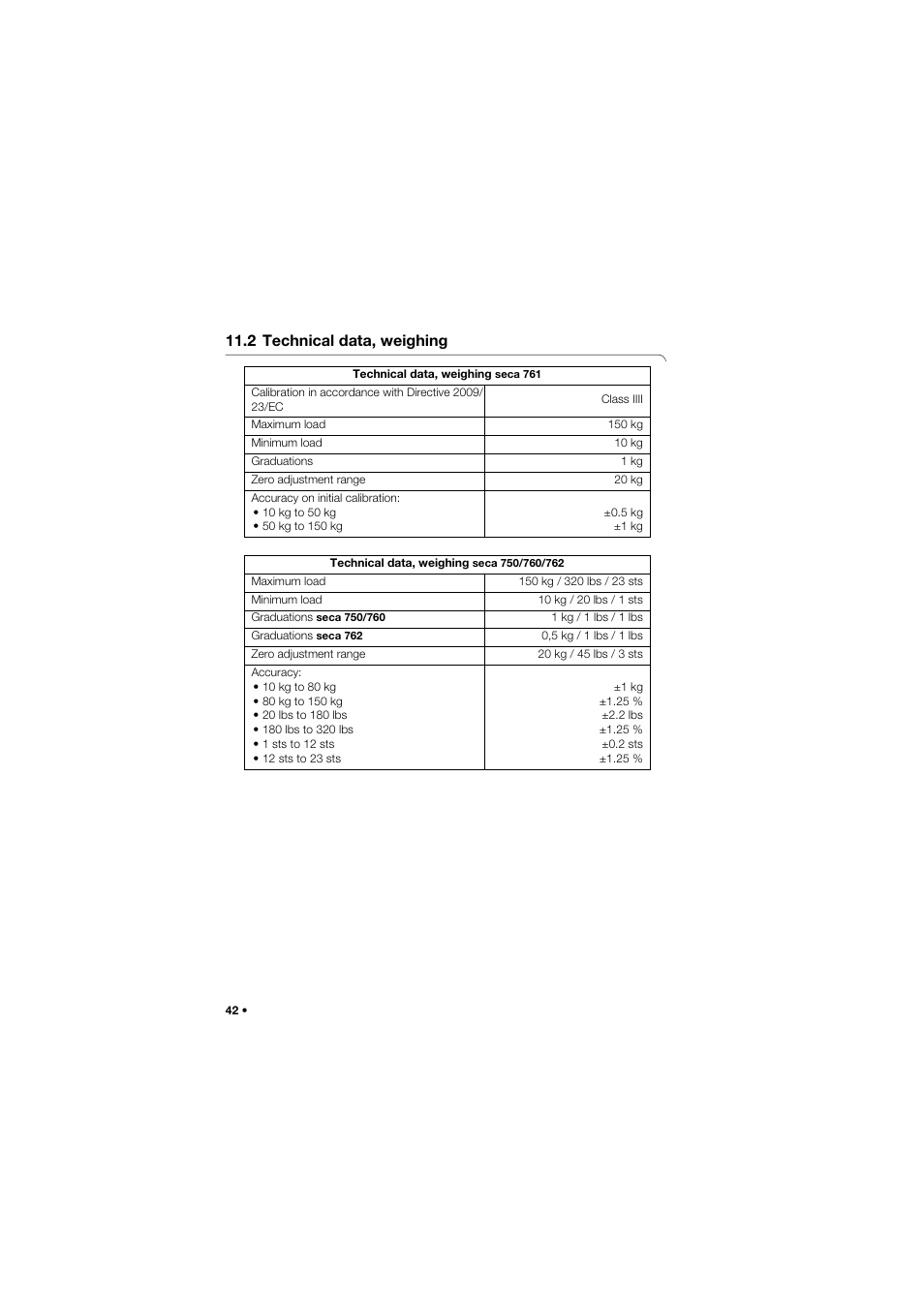 2 technical data, weighing | Seca 762 User Manual | Page 42 / 156