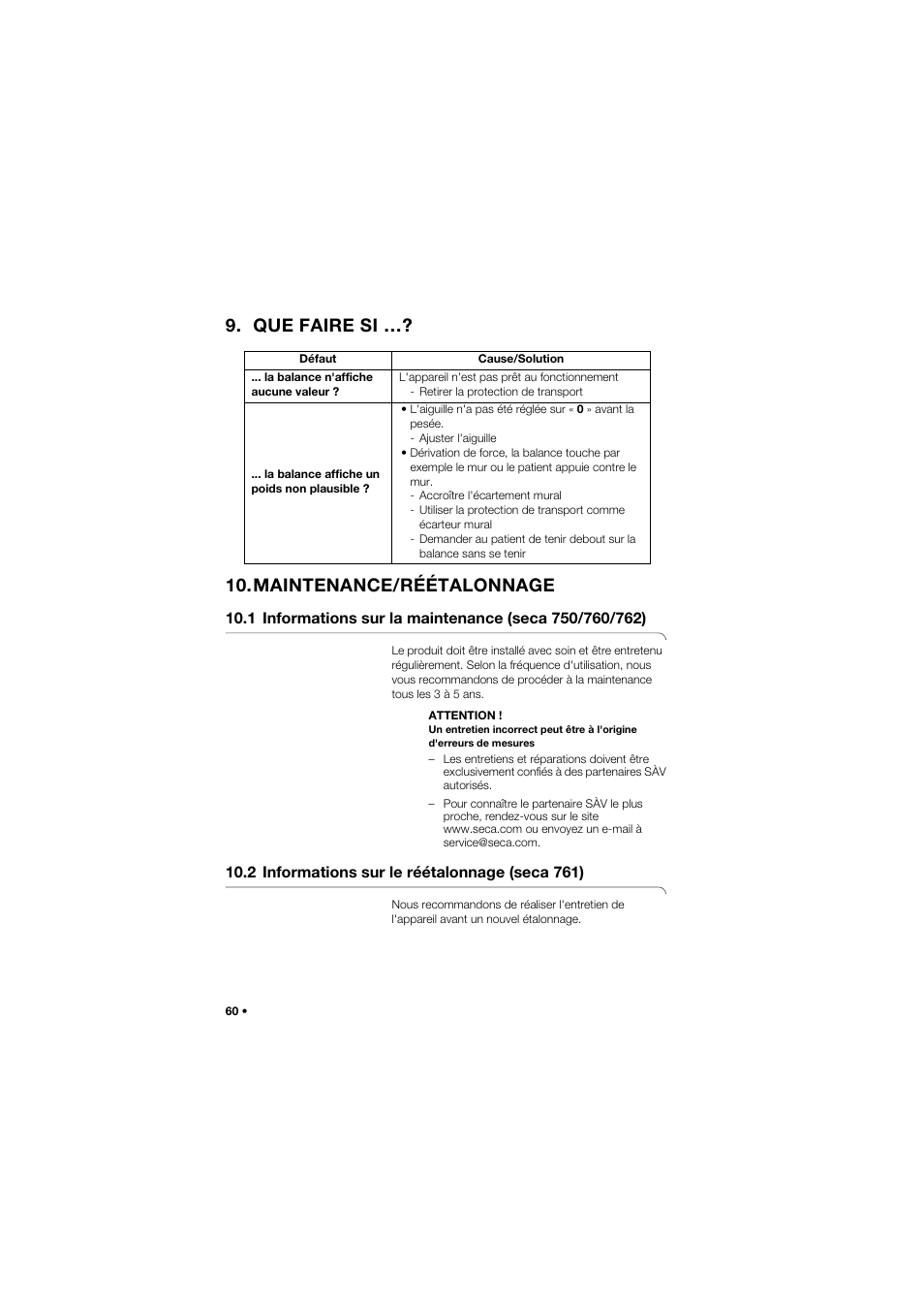 Que faire si, Maintenance/réétalonnage, 2 informations sur le réétalonnage (seca 761) | Que faire si …? 10.maintenance/réétalonnage | Seca 762 User Manual | Page 60 / 156