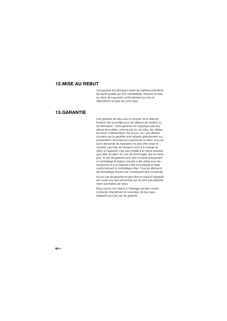 Mise au rebut, Garantie | Seca 762 User Manual | Page 64 / 156