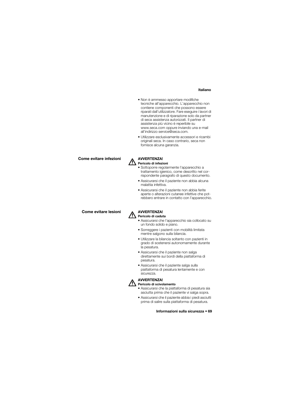 Come evitare infezioni, Come evitare lesioni | Seca 762 User Manual | Page 69 / 156