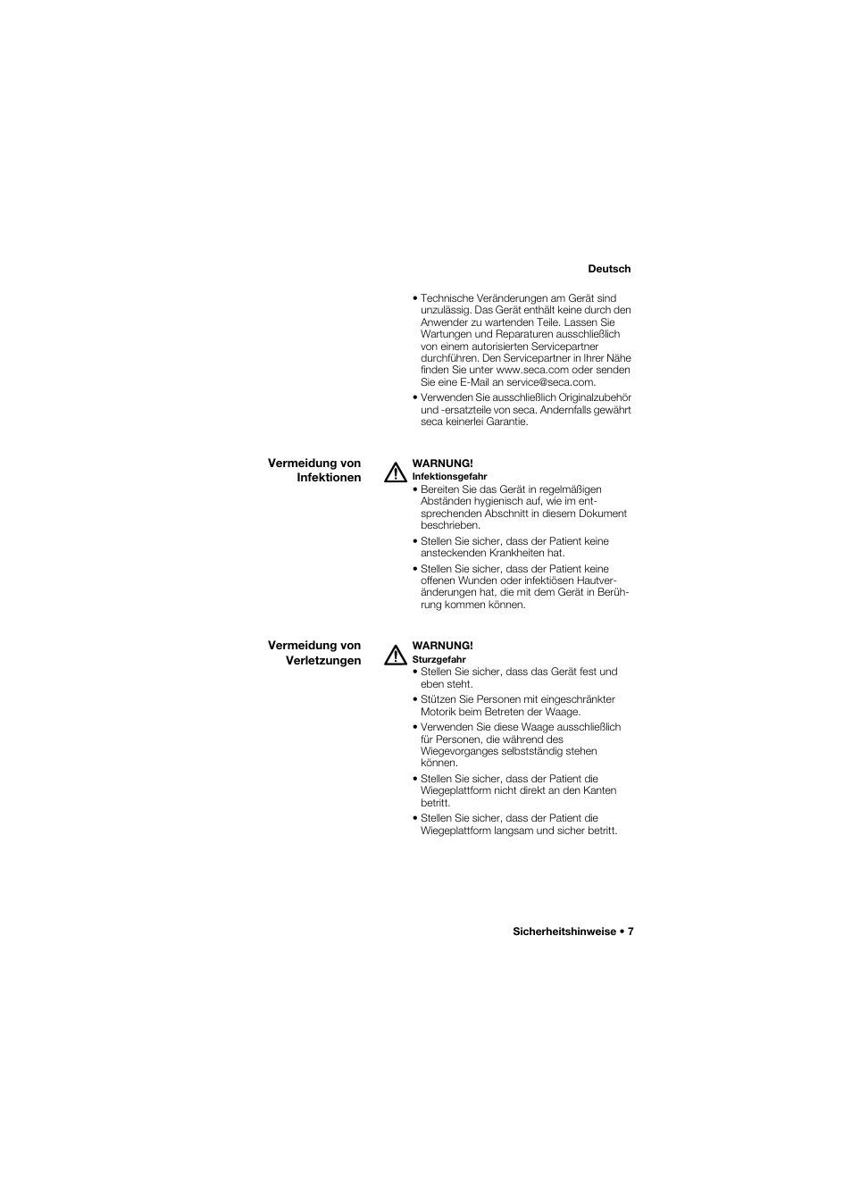 Vermeidung von infektionen, Vermeidung von verletzungen | Seca 762 User Manual | Page 7 / 156