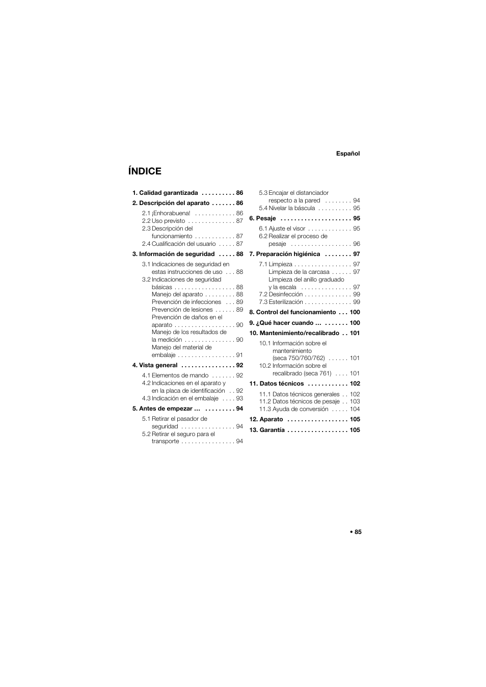 Español, Índice | Seca 762 User Manual | Page 85 / 156