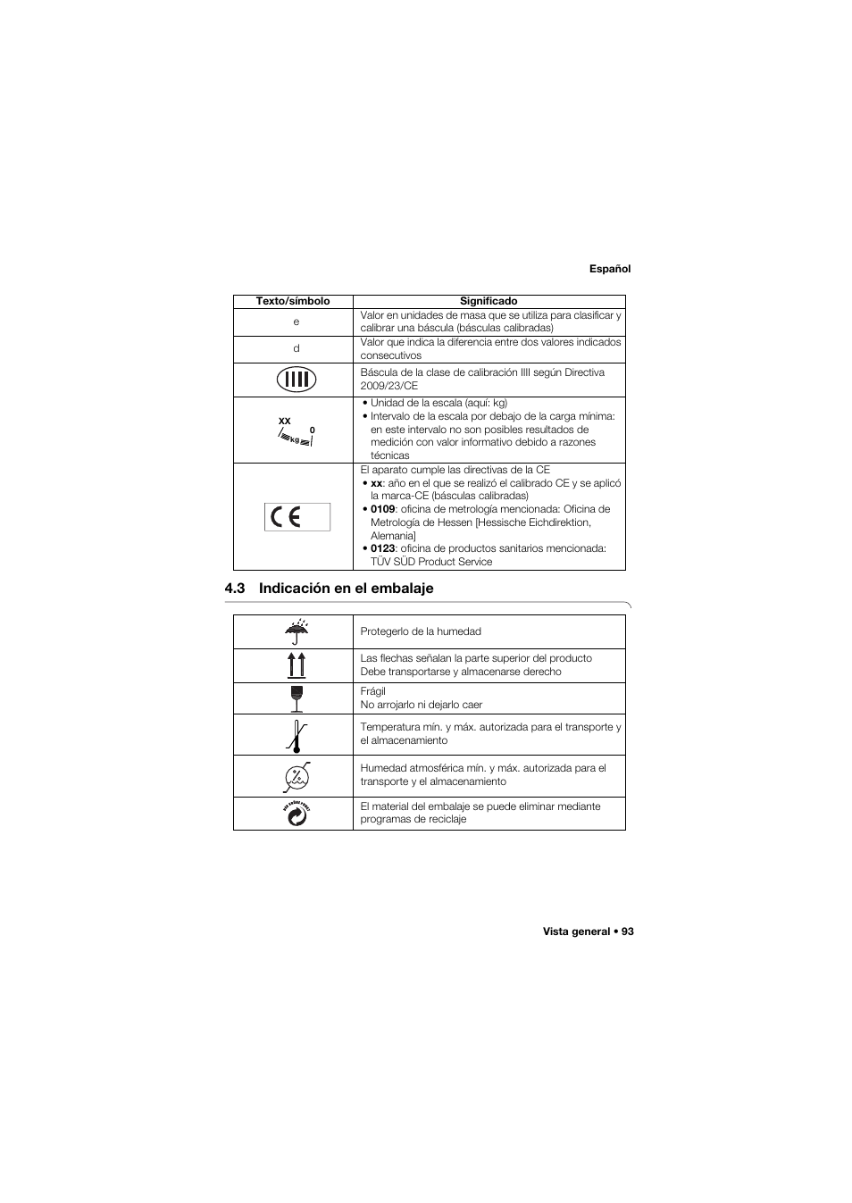 3 indicación en el embalaje | Seca 762 User Manual | Page 93 / 156