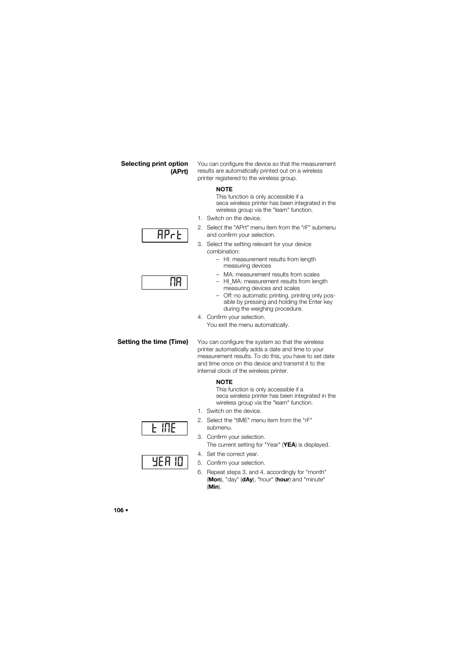 Selecting print option (aprt), Setting the time (time) | Seca 645 band_1 User Manual | Page 106 / 417