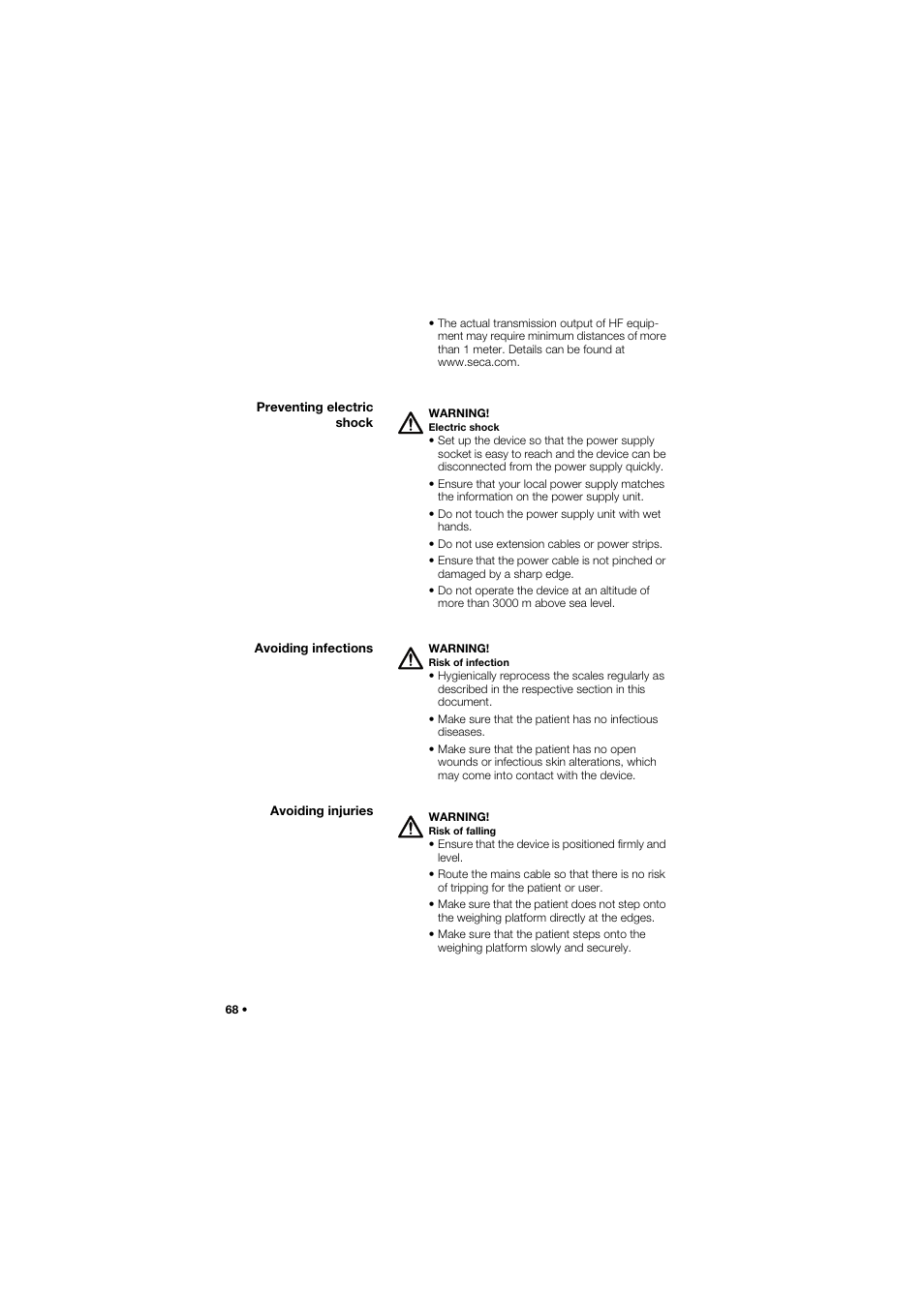 Preventing electric shock, Avoiding infections, Avoiding injuries | Seca 645 band_1 User Manual | Page 68 / 417