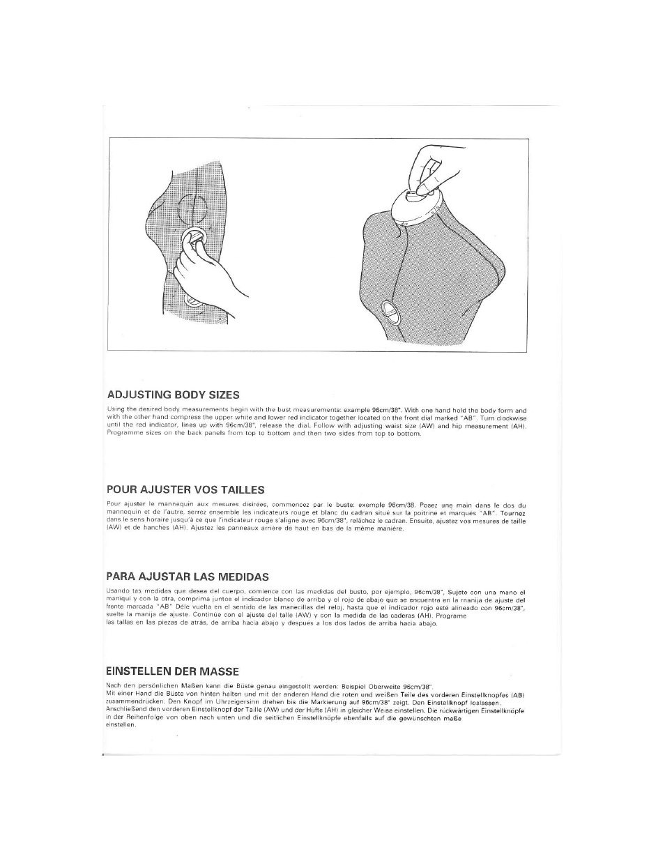 Adjusting body sizes, Pour ajuster vos tailles, Para ajustar las medidas | Einstellen der masse | SINGER 151 Dressfrom User Manual | Page 5 / 8