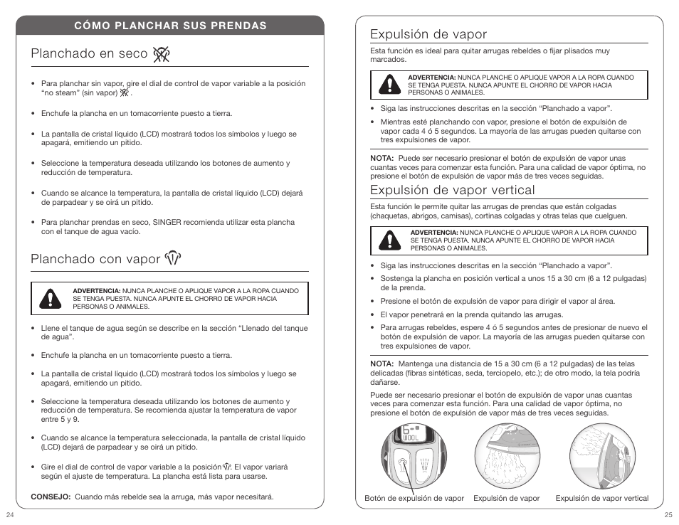 Expulsión de vapor vertical, Planchado con vapor, Expulsión de vapor | Planchado en seco, Cómo planchar sus prendas | SINGER EXPERT FINISH User Manual | Page 13 / 17
