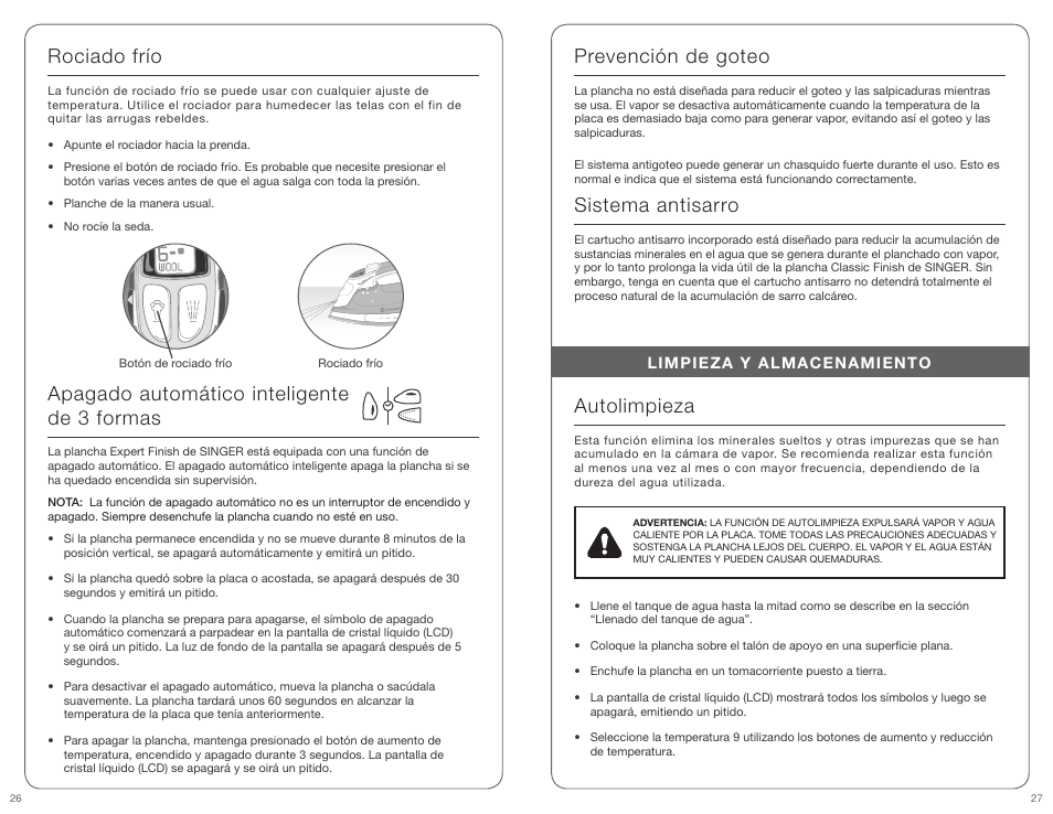 Rociado frío, Apagado automático inteligente de 3 formas, Prevención de goteo | Sistema antisarro, Autolimpieza | SINGER EXPERT FINISH User Manual | Page 14 / 17
