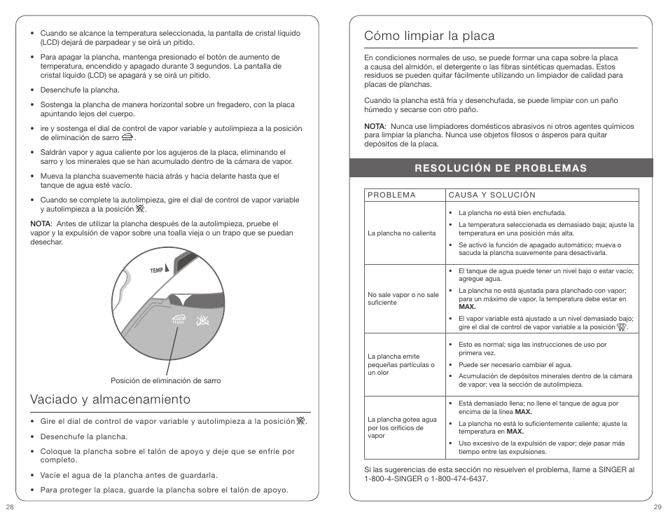Cómo limpiar la placa, Vaciado y almacenamiento, Resolución de problemas | SINGER EXPERT FINISH User Manual | Page 15 / 17