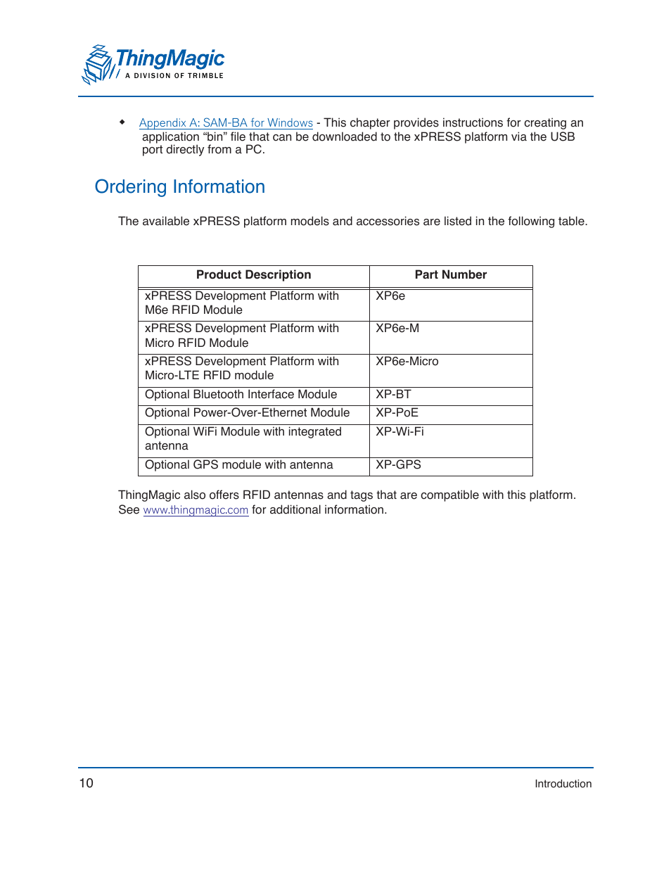 Ordering information | ThingMagic Mercury xPRESS Platform v1.7 User Manual | Page 10 / 144