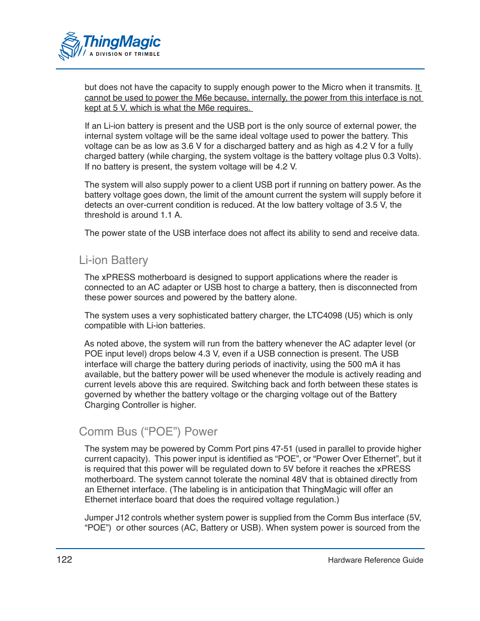 Li-ion battery, Comm bus (“poe”) power, Li-ion battery comm bus (“poe”) power | ThingMagic Mercury xPRESS Platform v1.7 User Manual | Page 122 / 144