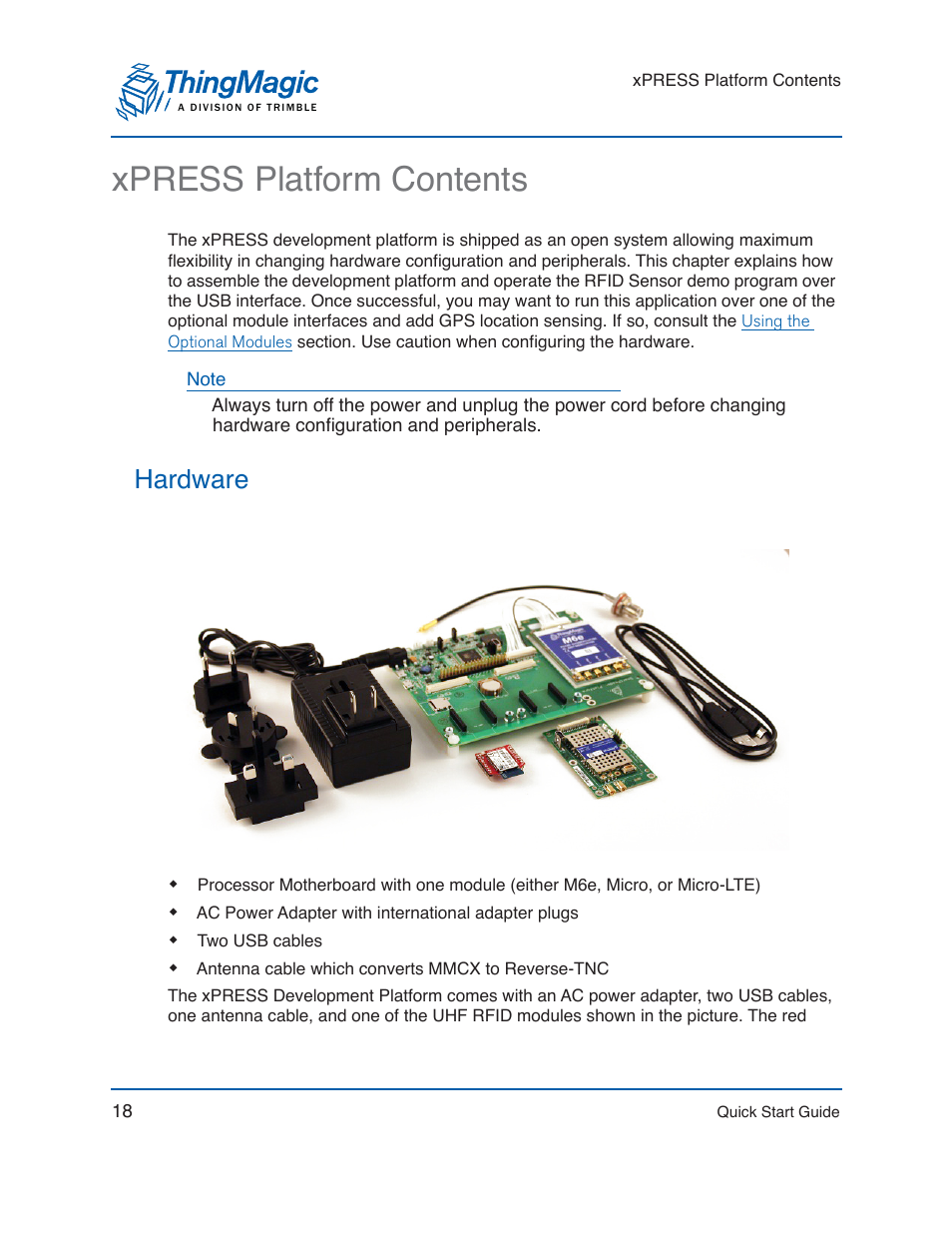 Xpress platform contents, Hardware | ThingMagic Mercury xPRESS Platform v1.7 User Manual | Page 18 / 144