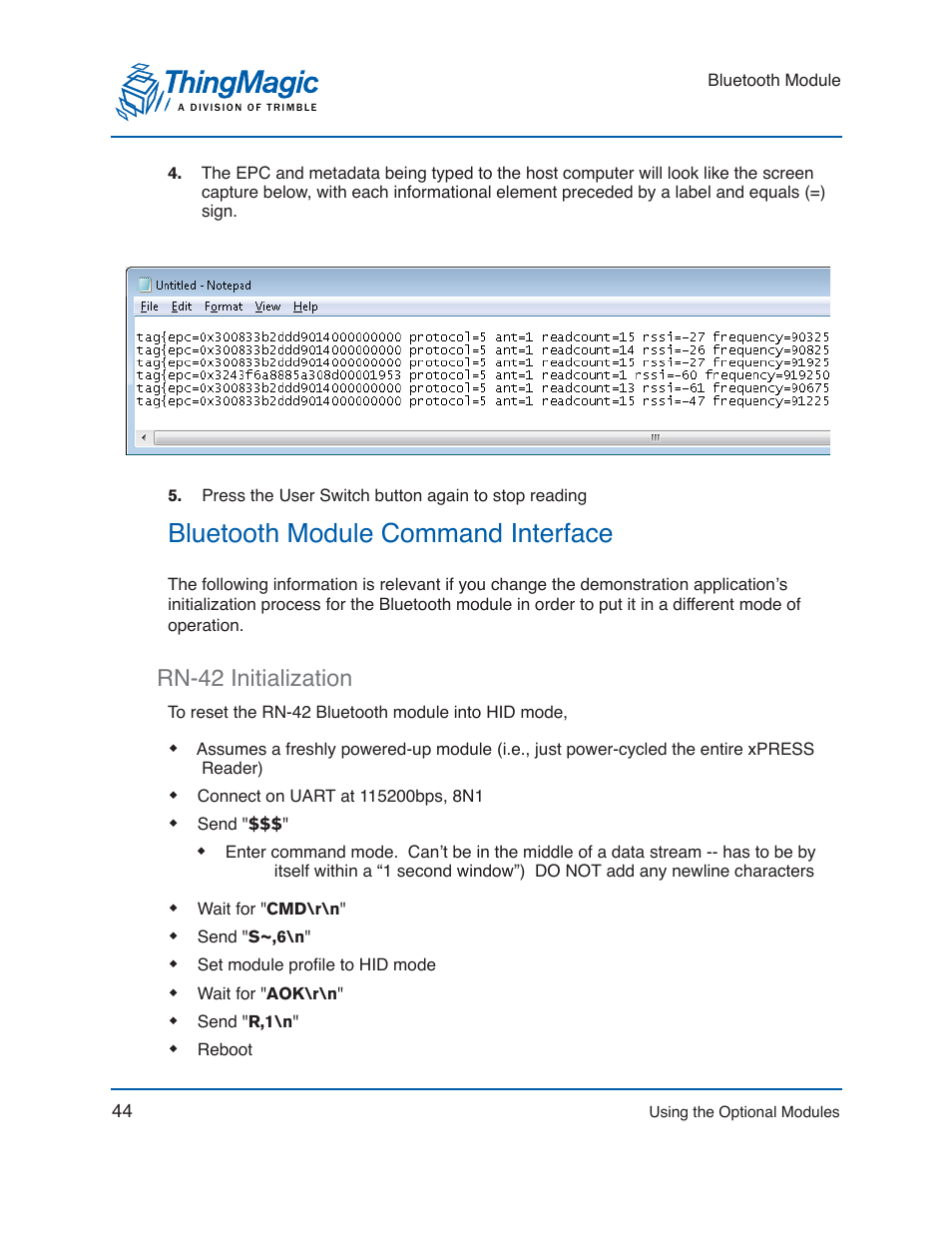 Rn-42 initialization, Bluetooth module command interface | ThingMagic Mercury xPRESS Platform v1.7 User Manual | Page 44 / 144