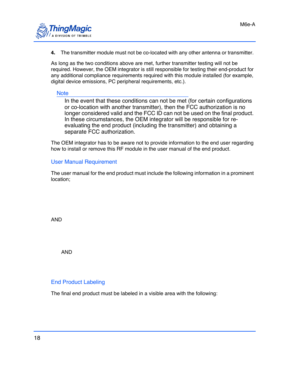 User manual requirement, End product labeling | ThingMagic M6e User Manual | Page 18 / 100