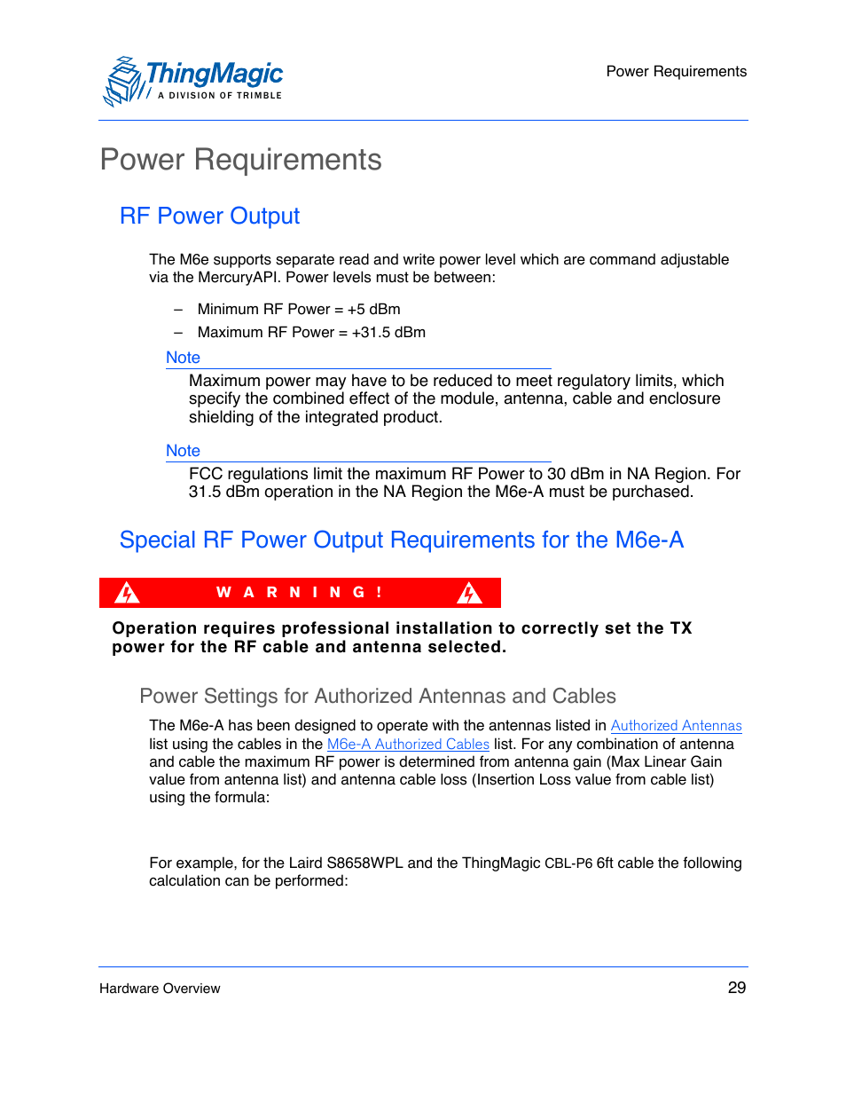 Power requirements, Rf power output, Special rf power output requirements for the m6e-a | Power settings for authorized antennas and cables | ThingMagic M6e User Manual | Page 29 / 100