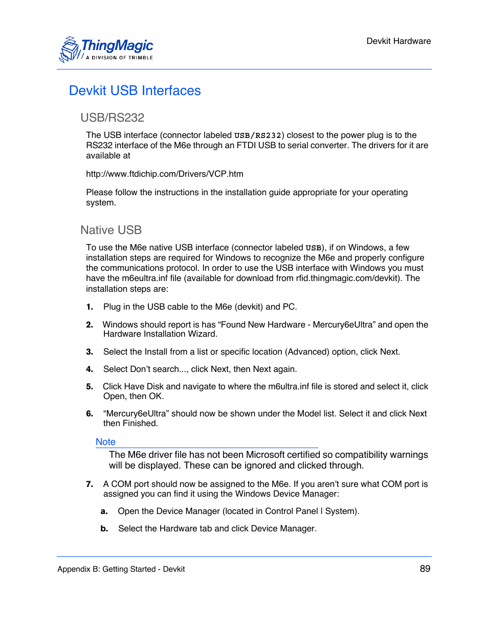 Devkit usb interfaces, Usb/rs232, Native usb | Usb/rs232 89, Native usb 89 | ThingMagic M6e User Manual | Page 89 / 100