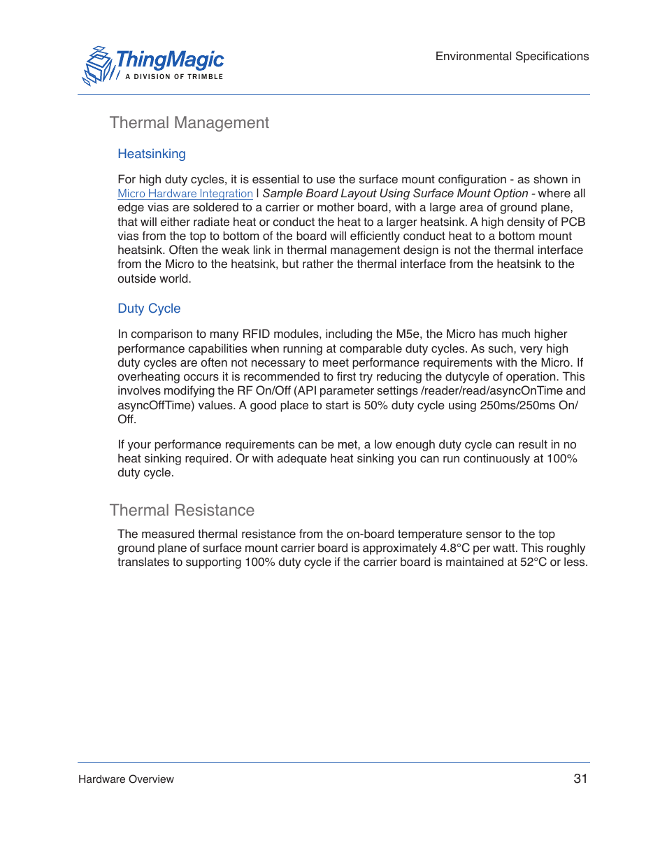 Thermal management, Heatsinking, Duty cycle | Thermal resistance, Thermal management thermal resistance | ThingMagic Micro Hardware User Manual | Page 31 / 105