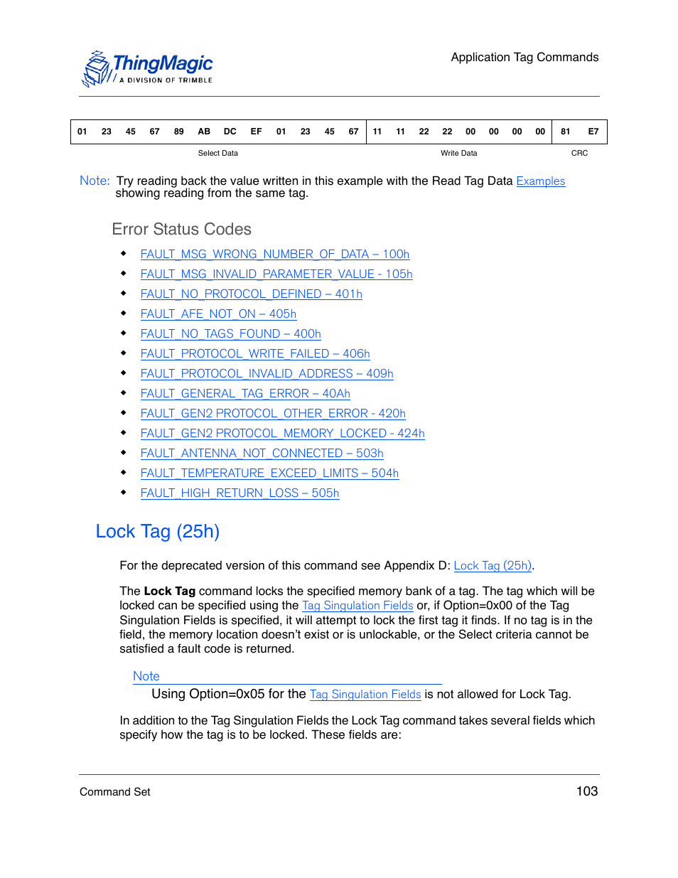 Error status codes, Lock tag (25h) | ThingMagic M5e-Compact User Manual | Page 103 / 252