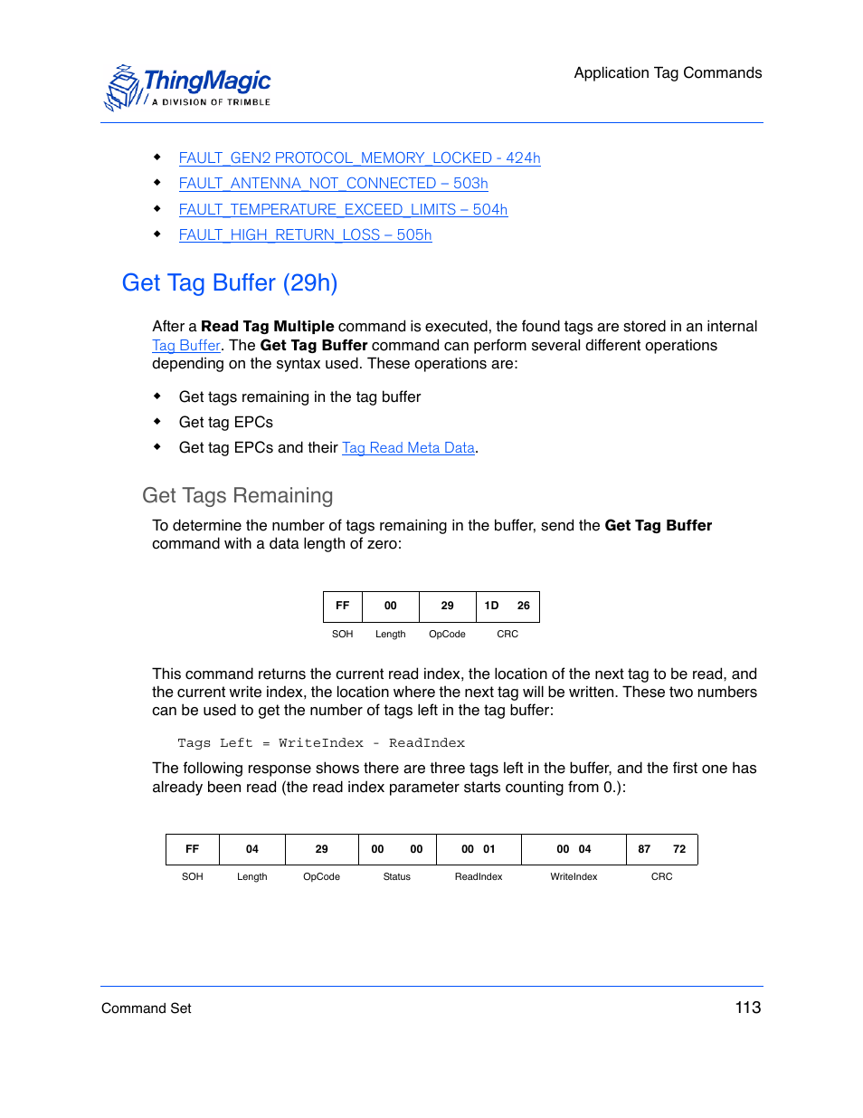 Get tag buffer (29h), Get tags remaining, Tag buffer (29h) | Get tag, Buffer (29h) | ThingMagic M5e-Compact User Manual | Page 113 / 252