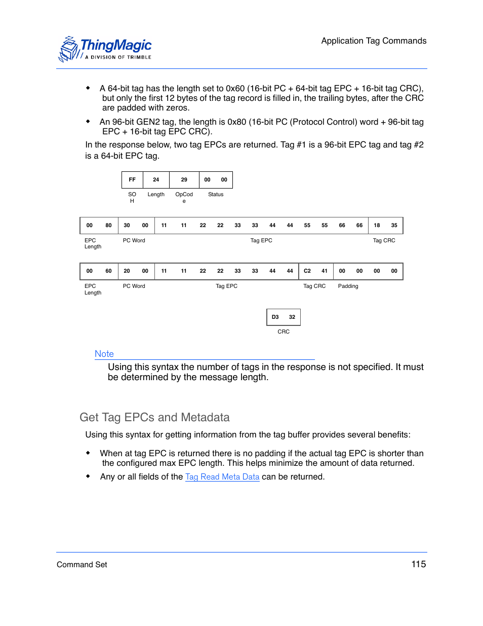 Get tag epcs and metadata, Application tag commands | ThingMagic M5e-Compact User Manual | Page 115 / 252