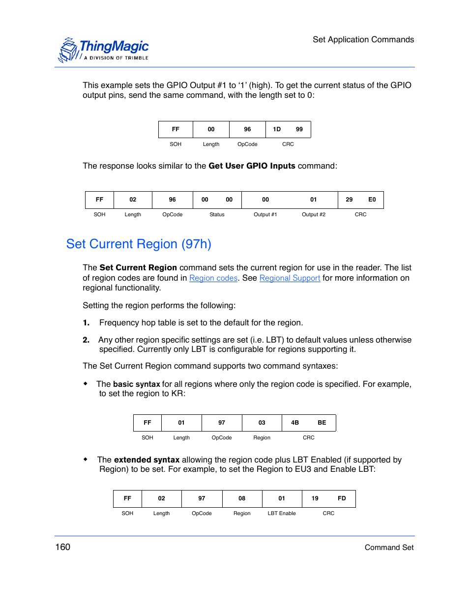 Set current region (97h), Set current region, 97h) | Set application commands | ThingMagic M5e-Compact User Manual | Page 160 / 252