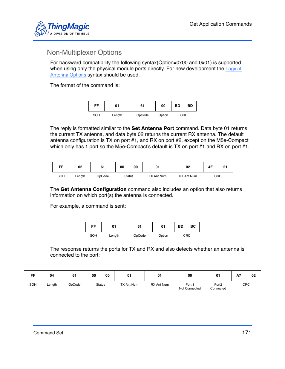 Non-multiplexer options, Get application commands | ThingMagic M5e-Compact User Manual | Page 171 / 252