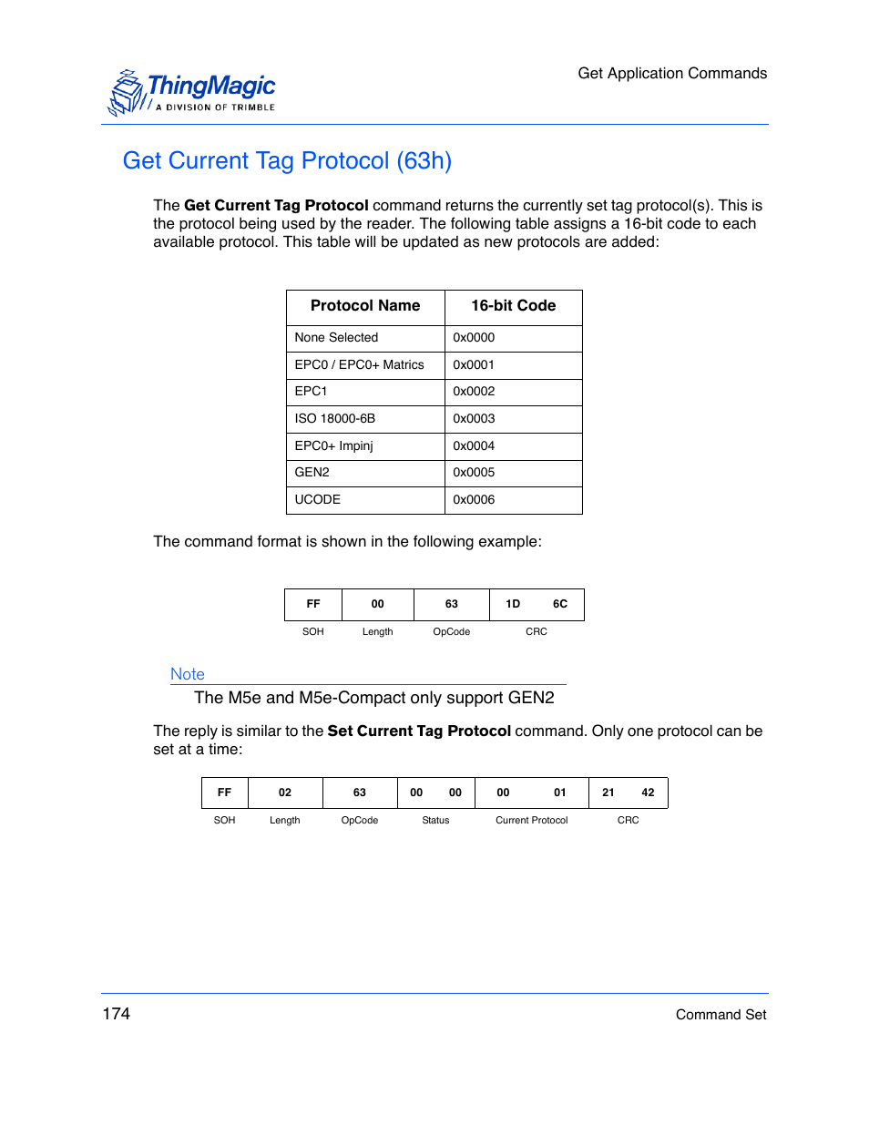 Get current tag protocol (63h), Get application commands | ThingMagic M5e-Compact User Manual | Page 174 / 252