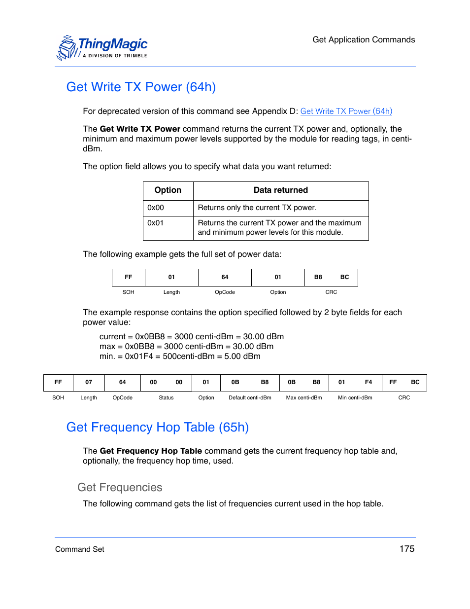 Get write tx power (64h), Get frequency hop table (65h), Get frequencies | ThingMagic M5e-Compact User Manual | Page 175 / 252