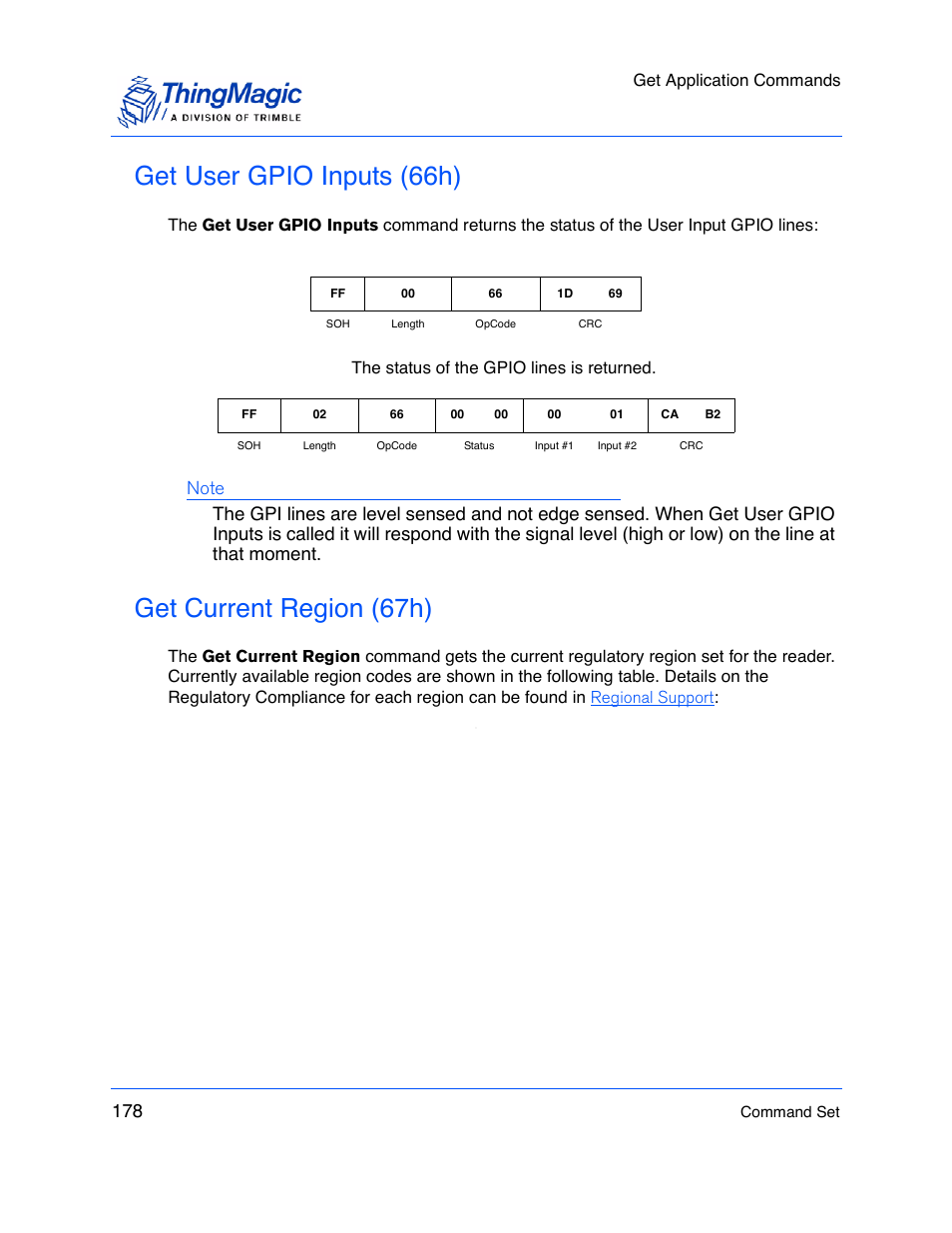Get user gpio inputs (66h), Get current region (67h), Get application commands | ThingMagic M5e-Compact User Manual | Page 178 / 252