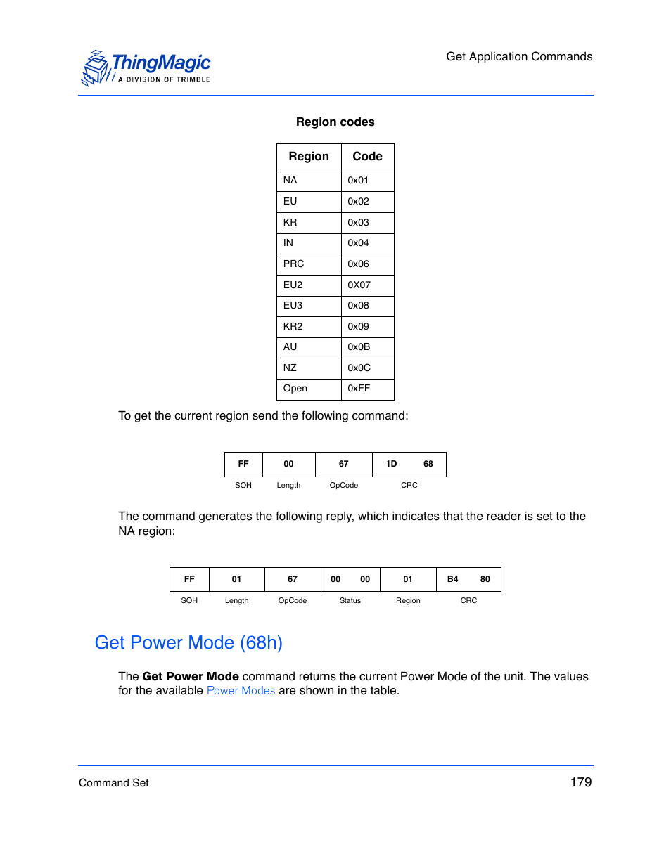 Get power mode (68h), Ound in, Region codes | ThingMagic M5e-Compact User Manual | Page 179 / 252