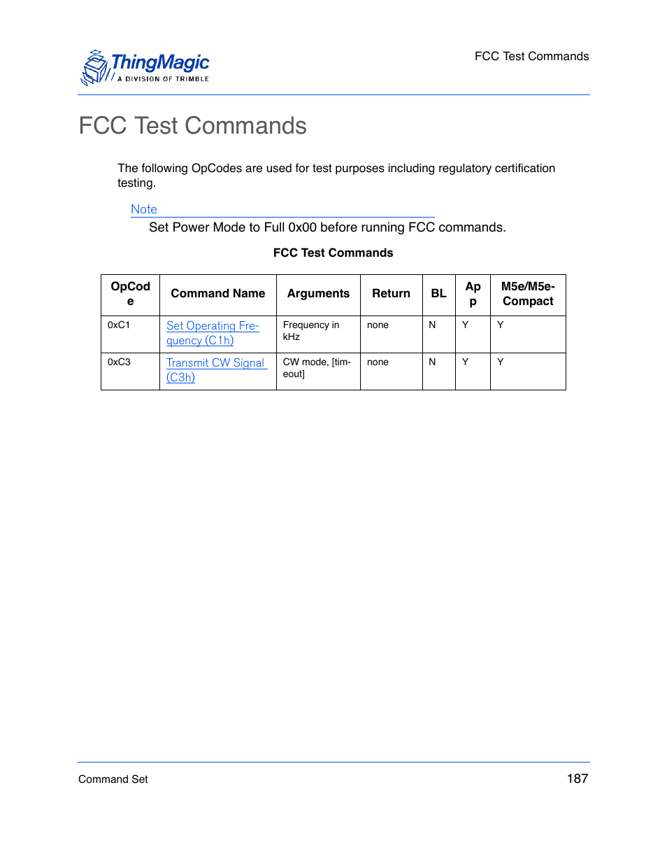 Fcc test commands, 0xcf | ThingMagic M5e-Compact User Manual | Page 187 / 252