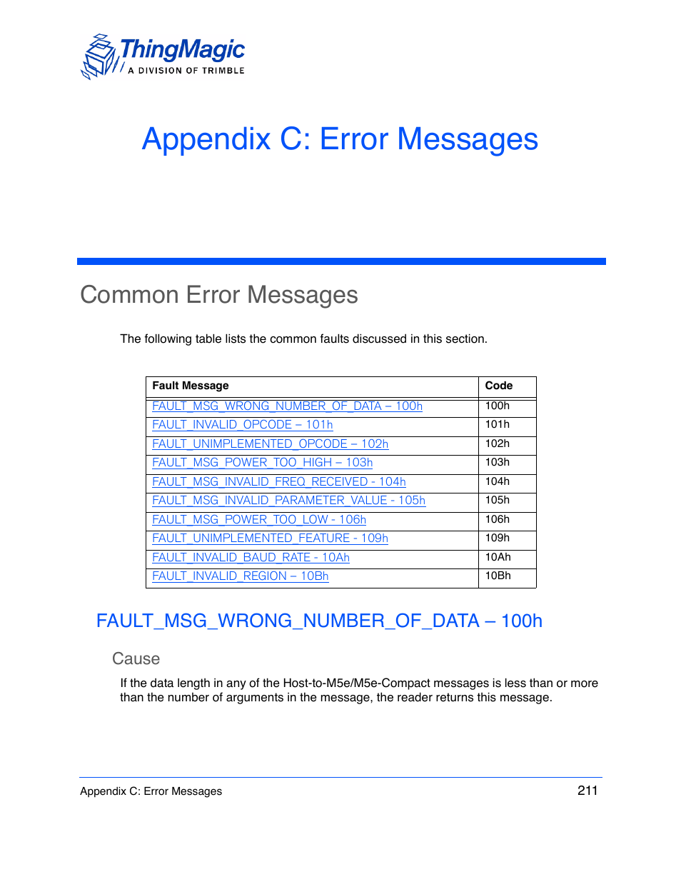 Appendix c: error messages, Common error messages, Fault_msg_wrong_number_of_data – 100h | Cause | ThingMagic M5e-Compact User Manual | Page 211 / 252