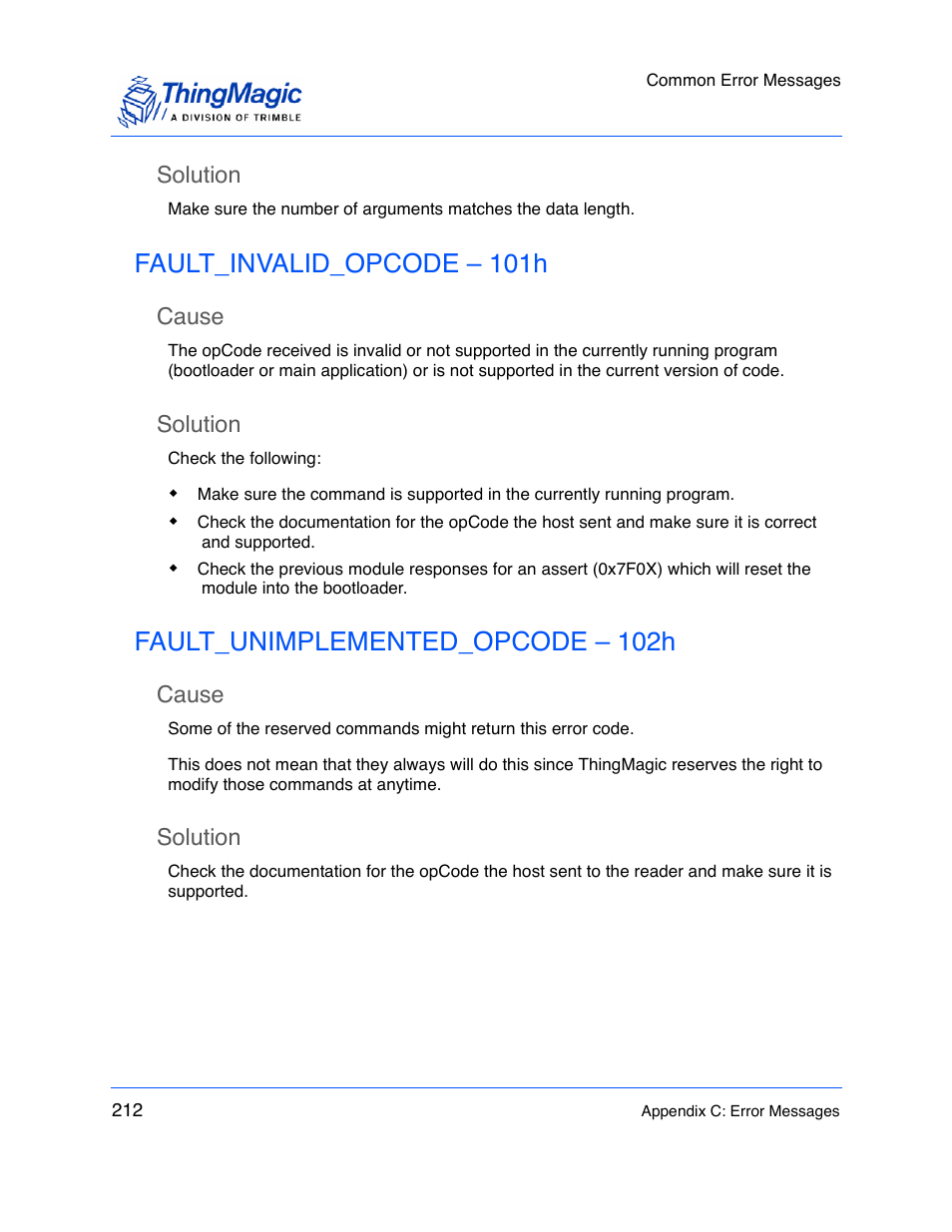 Solution, Fault_invalid_opcode – 101h, Cause | Fault_unimplemented_opcode – 102h | ThingMagic M5e-Compact User Manual | Page 212 / 252