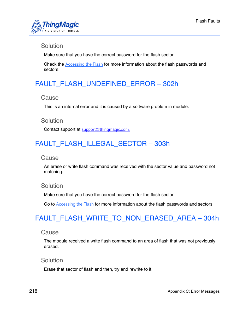 Solution, Fault_flash_undefined_error – 302h, Cause | Fault_flash_illegal_sector – 303h, Fault_flash_write_to_non_erased_area – 304h | ThingMagic M5e-Compact User Manual | Page 218 / 252