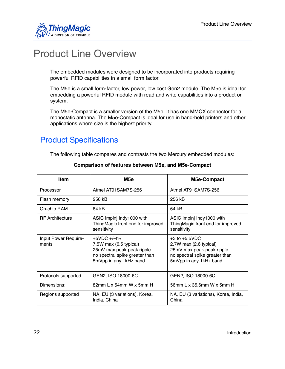 Product line overview, Product specifications | ThingMagic M5e-Compact User Manual | Page 22 / 252