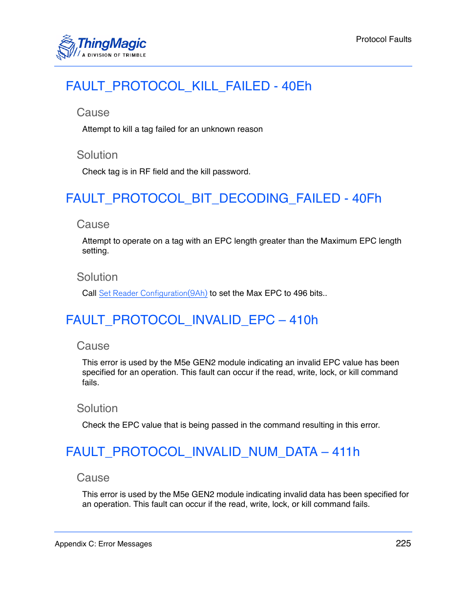 Fault_protocol_kill_failed - 40eh, Cause, Solution | Fault_protocol_bit_decoding_failed - 40fh, Fault_protocol_invalid_epc – 410h, Fault_protocol_invalid_num_data – 411h | ThingMagic M5e-Compact User Manual | Page 225 / 252