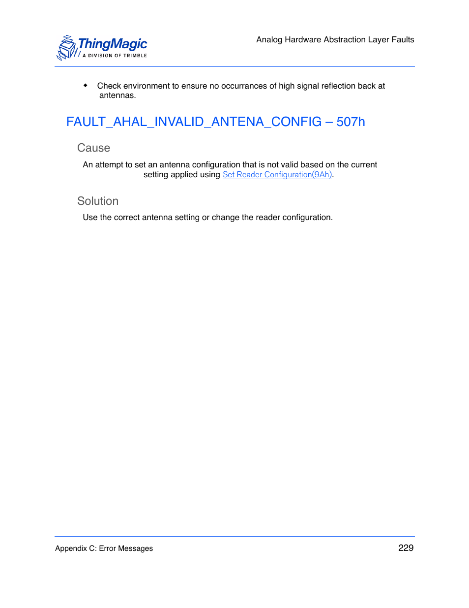 Fault_ahal_invalid_antena_config – 507h, Cause, Solution | ThingMagic M5e-Compact User Manual | Page 229 / 252