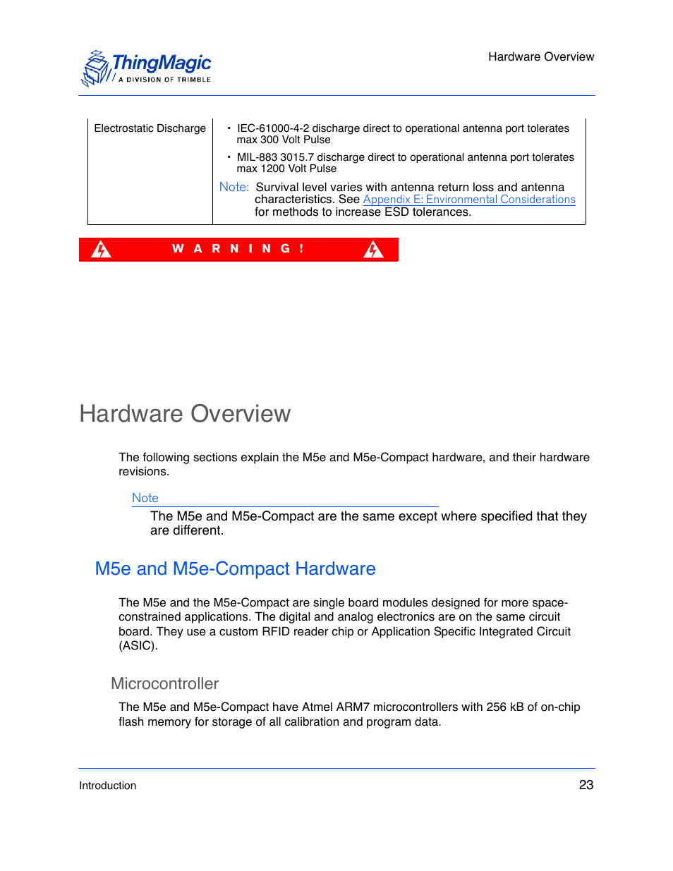 Hardware overview, M5e and m5e-compact hardware, Microcontroller | ThingMagic M5e-Compact User Manual | Page 23 / 252
