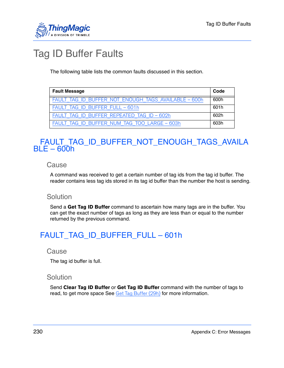 Tag id buffer faults, Cause, Solution | Fault_tag_id_buffer_full – 601h | ThingMagic M5e-Compact User Manual | Page 230 / 252