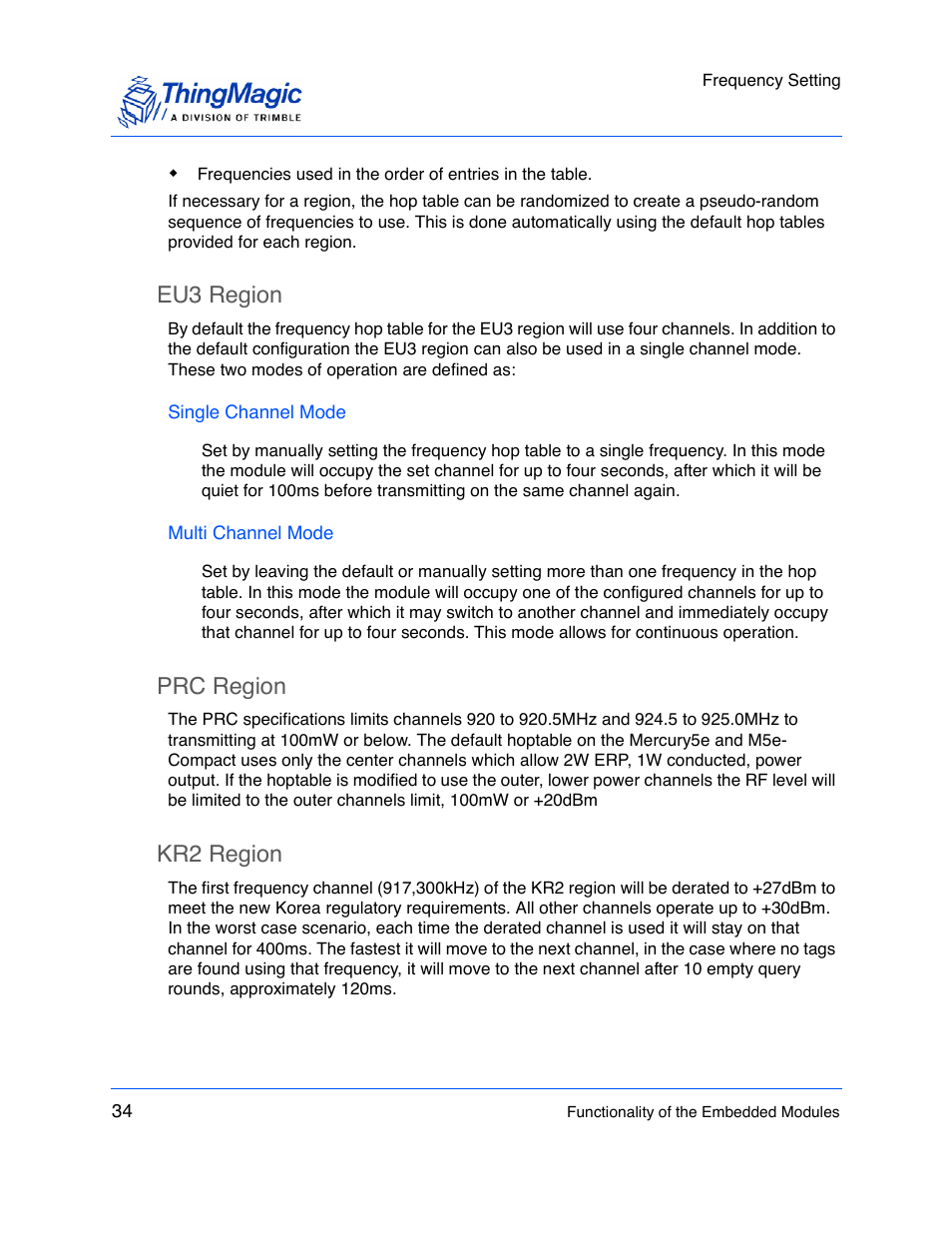 Eu3 region, Single channel mode, Multi channel mode | Prc region, Kr2 region | ThingMagic M5e-Compact User Manual | Page 34 / 252