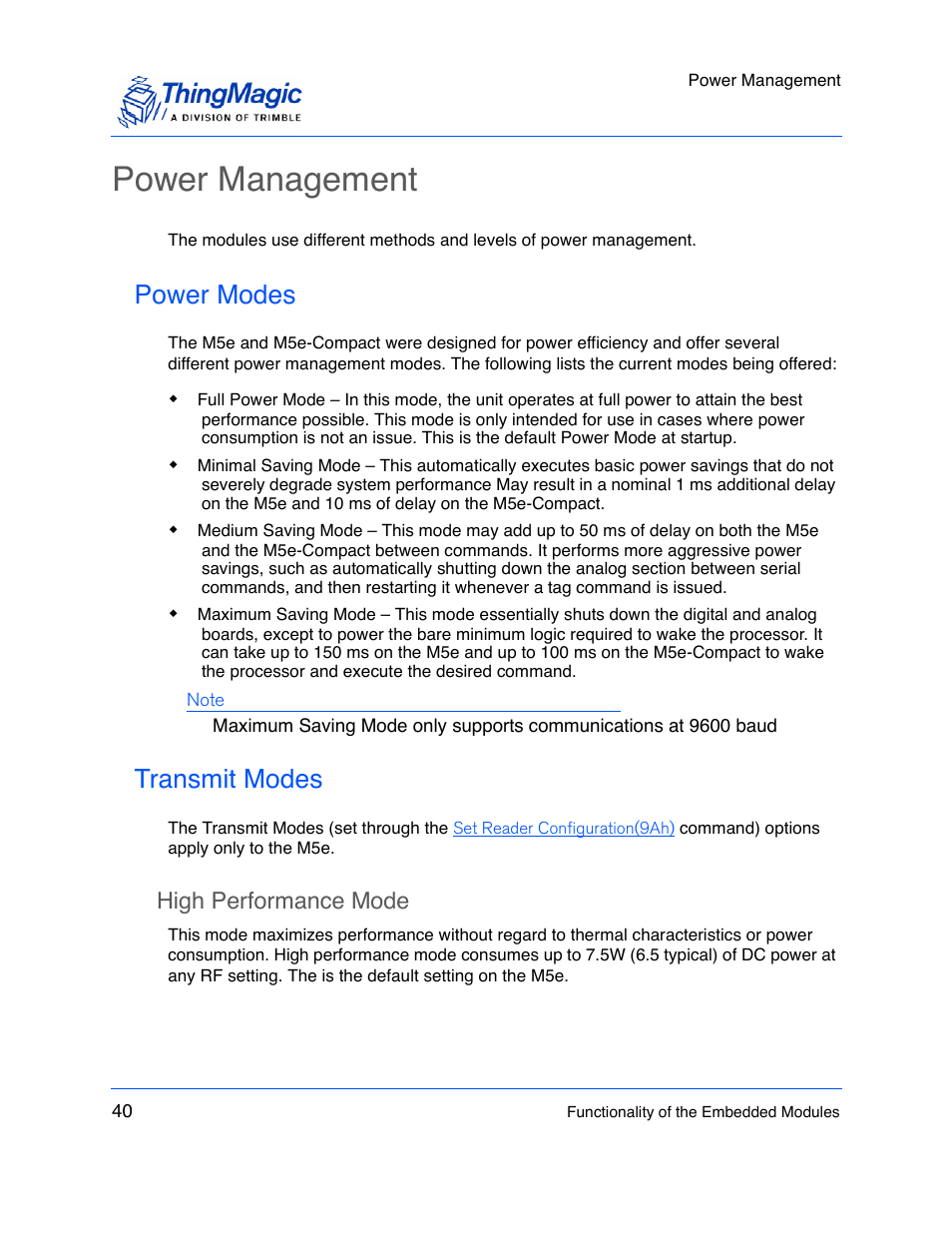 Power management, Power modes, Transmit modes | High performance mode | ThingMagic M5e-Compact User Manual | Page 40 / 252