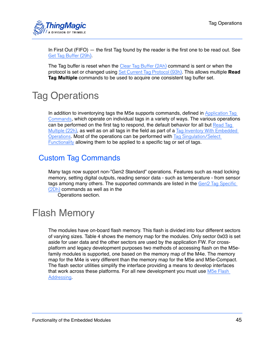 Tag operations, Custom tag commands, Flash memory | ThingMagic M5e-Compact User Manual | Page 45 / 252