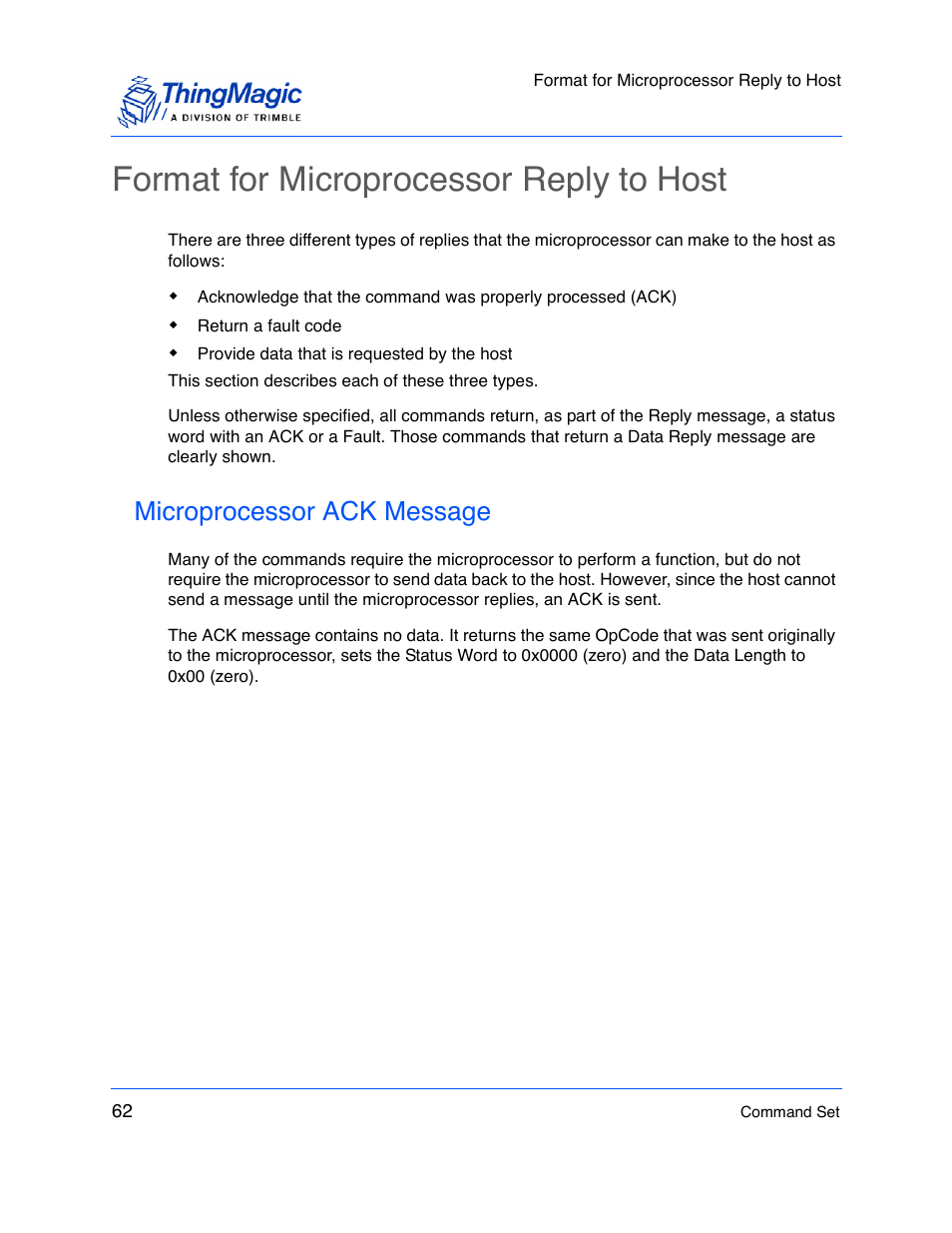 Format for microprocessor reply to host, Microprocessor ack message | ThingMagic M5e-Compact User Manual | Page 62 / 252