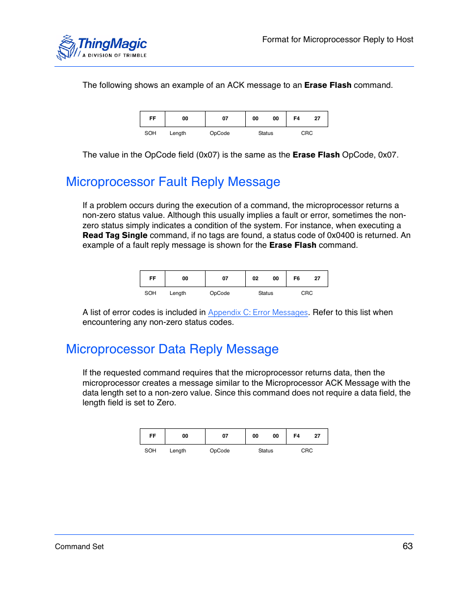 Microprocessor fault reply message, Microprocessor data reply message, Format for microprocessor reply to host | ThingMagic M5e-Compact User Manual | Page 63 / 252