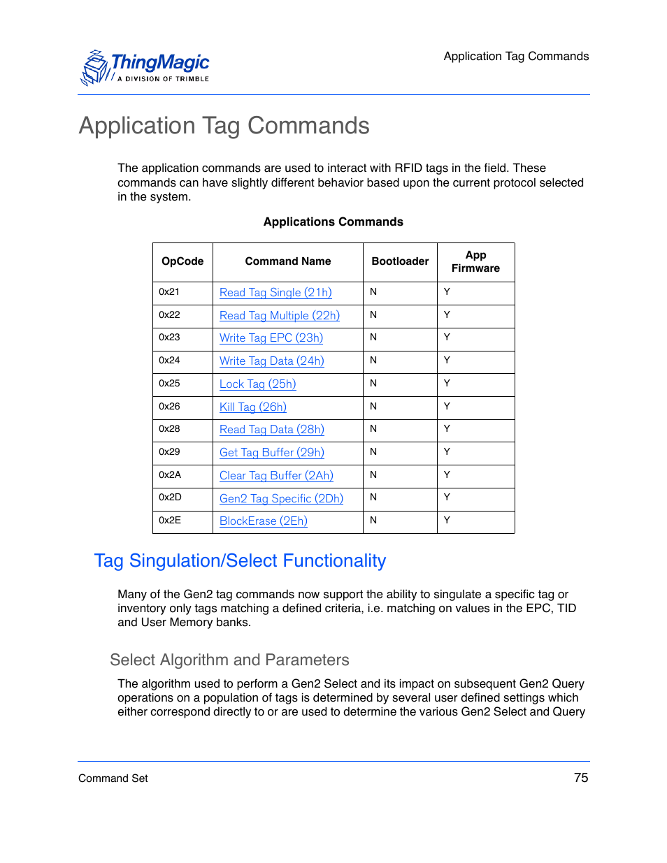Application tag commands, Tag singulation/select functionality, Select algorithm and parameters | Application tag, Commands, Tag singulation/select, Functionality | ThingMagic M5e-Compact User Manual | Page 75 / 252