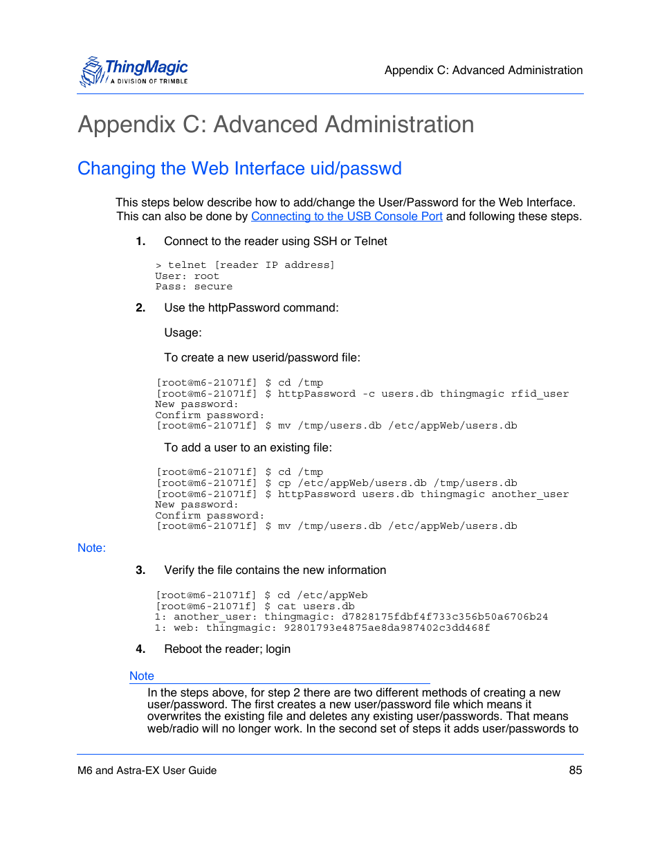 Appendix c: advanced administration, Changing the web interface uid/passwd, Appendix c: advanced administration 85 | Changing the web interface uid/passwd 85 | ThingMagic Astra-EX User Manual | Page 85 / 90