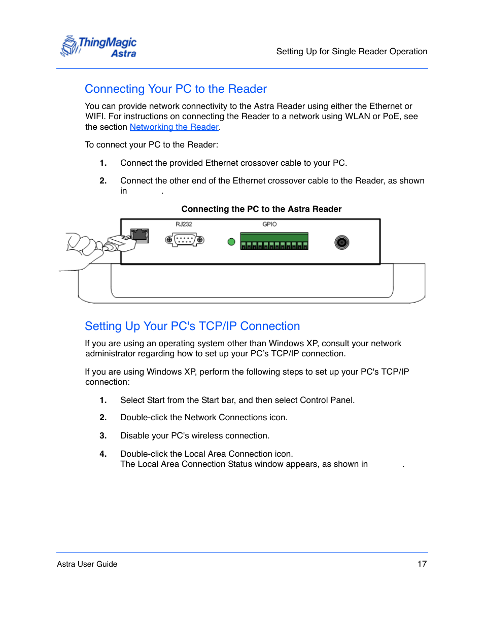 Connecting your pc to the reader, Setting up your pc's tcp/ip connection, Connecting your pc to the reader 17 | Setting up your pc's tcp/ip connection 17 | ThingMagic Astra User Manual | Page 17 / 75