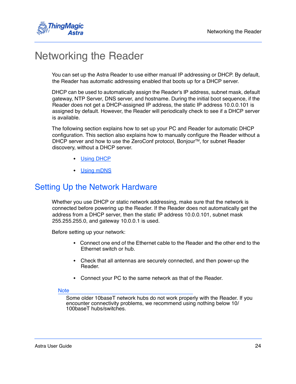 Networking the reader, Setting up the network hardware, Networking the reader 24 | Setting up the network hardware 24, Networking the, Reader | ThingMagic Astra User Manual | Page 24 / 75