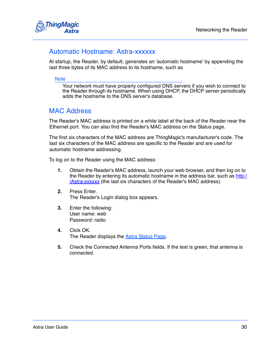Automatic hostname: astra-xxxxxx, Mac address, Automatic hostname: astra-xxxxxx 30 | Mac address 30 | ThingMagic Astra User Manual | Page 30 / 75