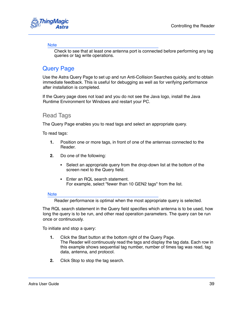 Query page, Read tags | ThingMagic Astra User Manual | Page 39 / 75